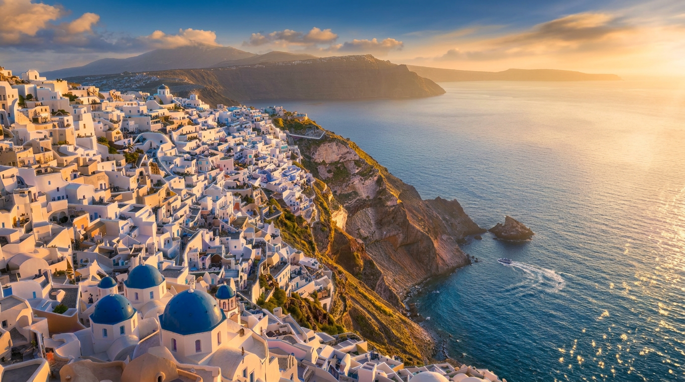 Aerial view of Santorini at golden hour with whitewashed villas above the Aegean Sea.